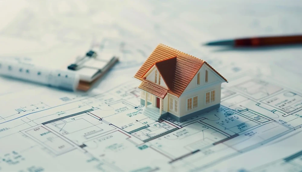 Small model house placed on residential building plans