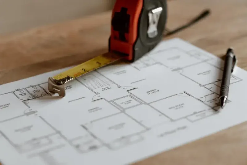 Tape measure and fastener resting on residential floor plans