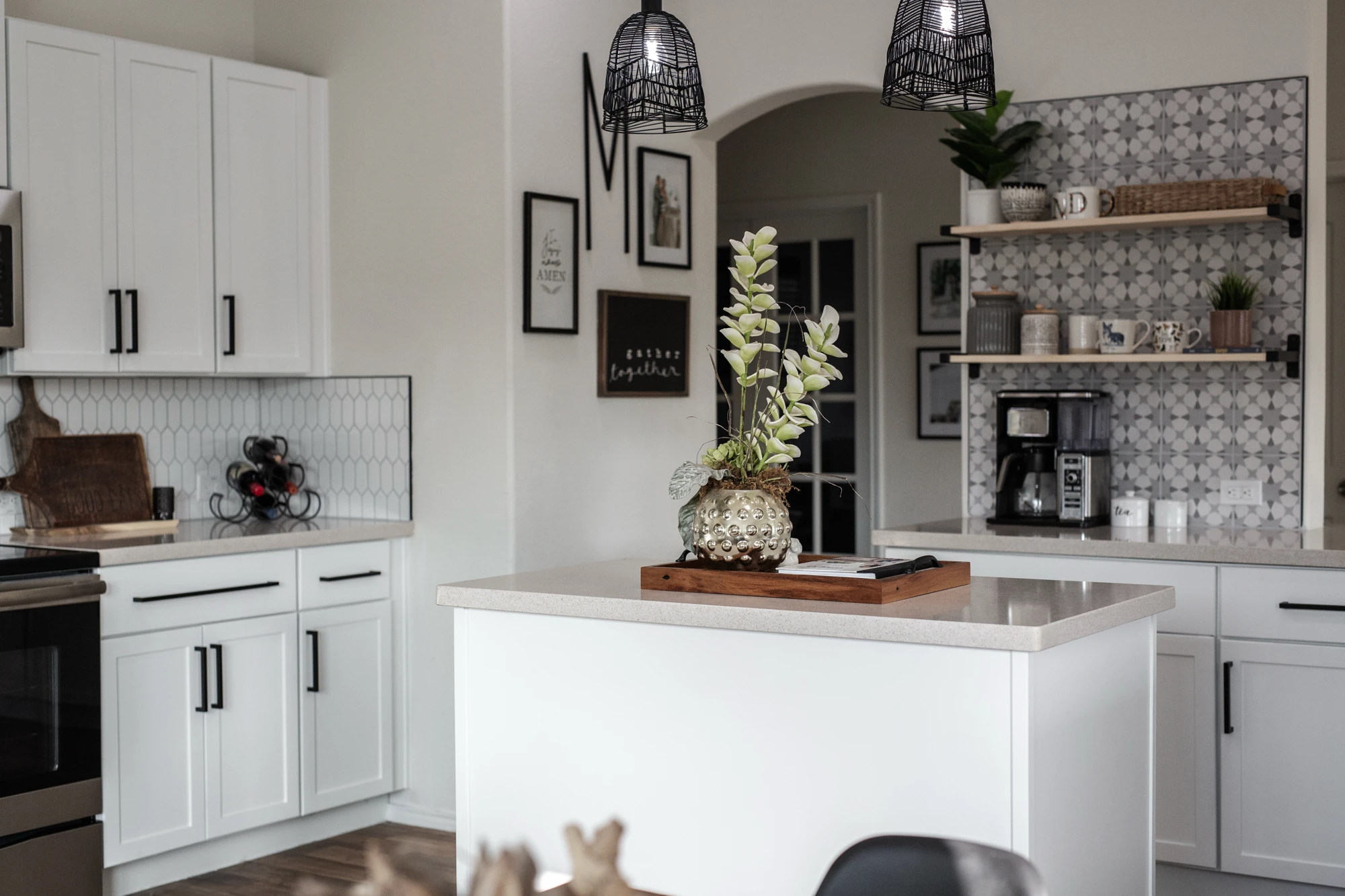 Custom kitchen coffee bar with open wood shelves