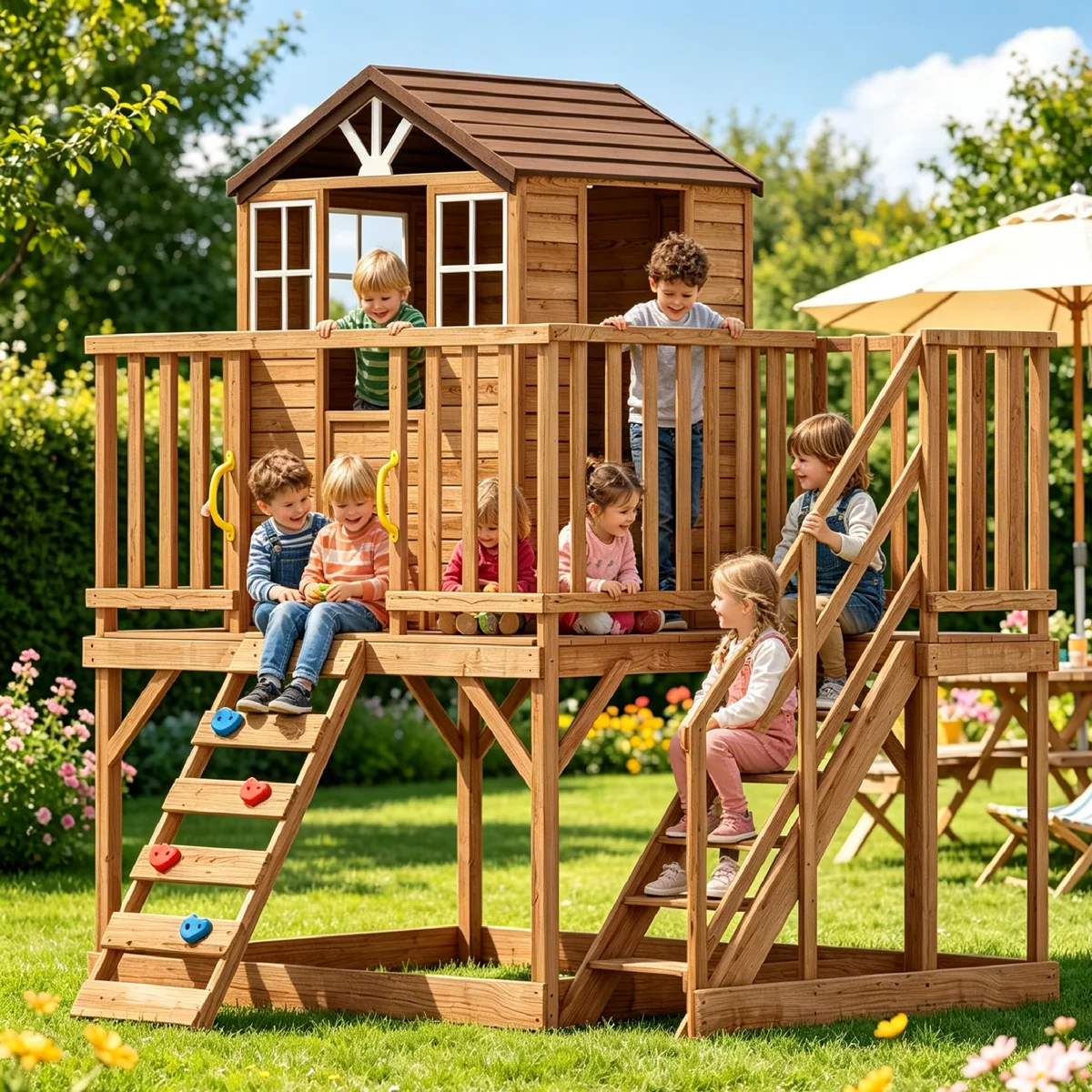 Children enjoying a custom wooden backyard playhouse