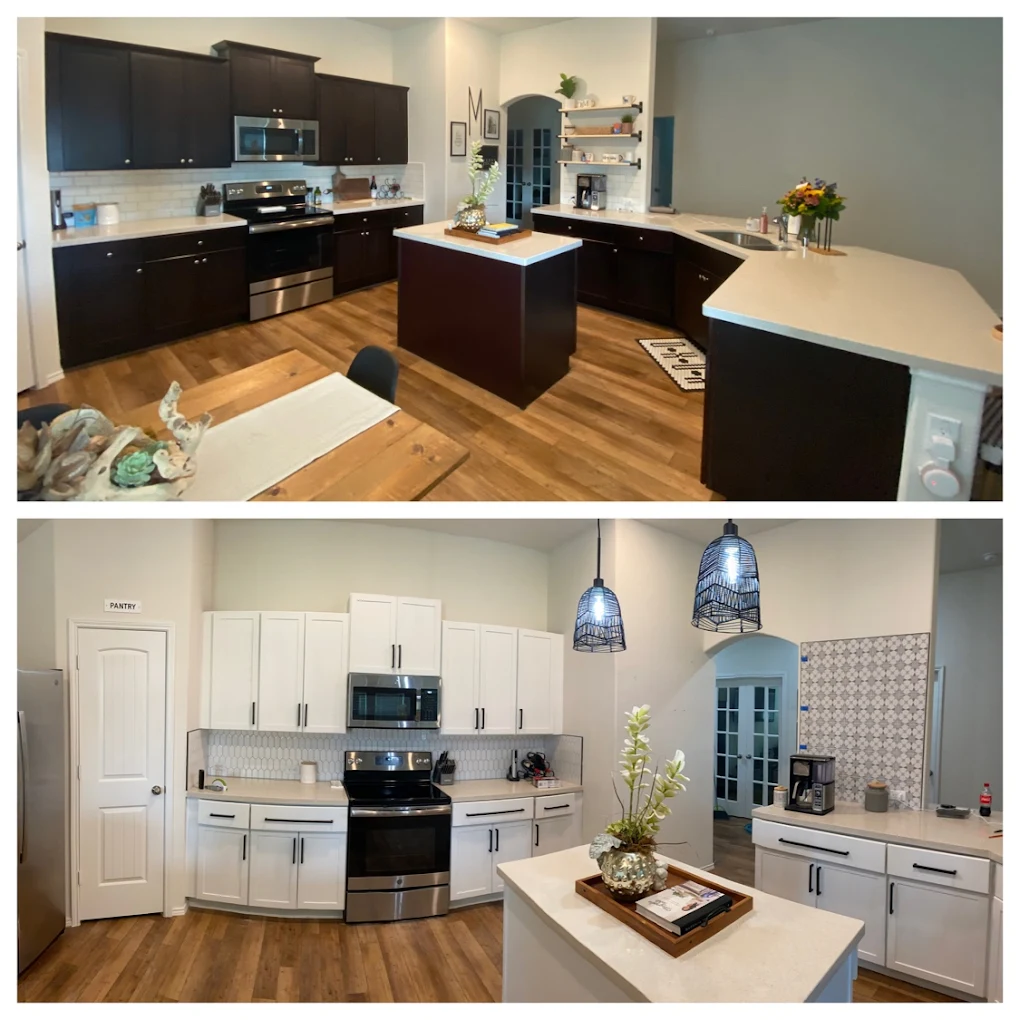 Before-and-after comparison of a dark kitchen and bright white remodel